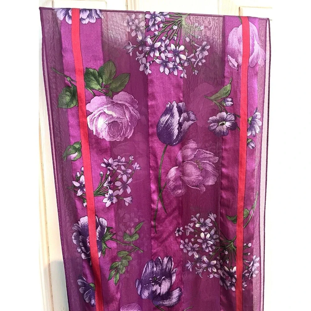 Accessory Street 100% Silk Chiffon Rectangle Scarf Purple Floral Logo Dry Clean
